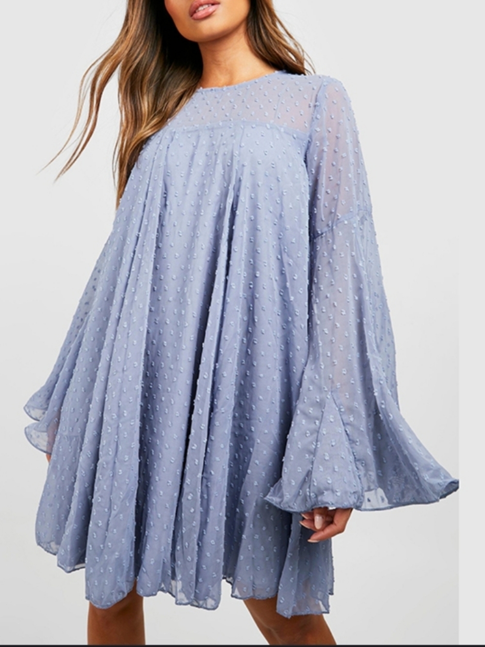 Wowo Light Blue Swiss Dot Pleated Tunic Dress - Picture 2 of 9
